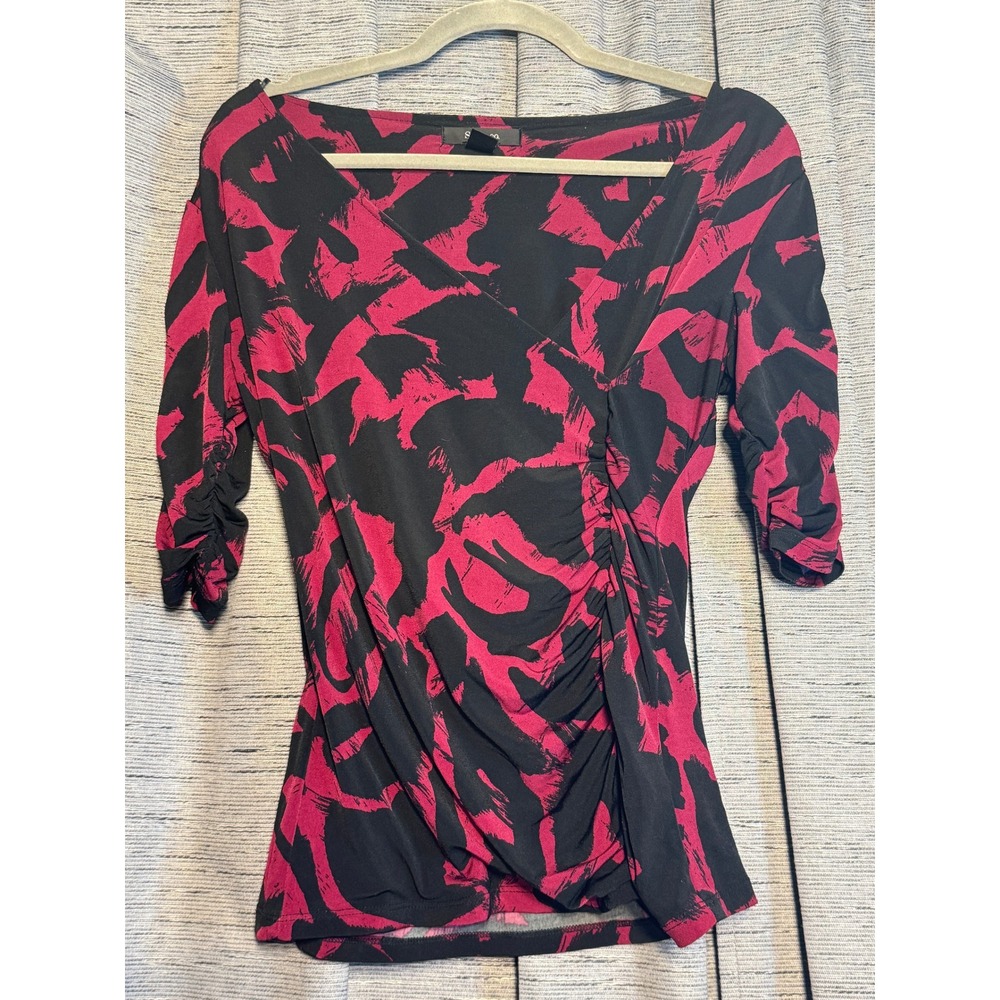 Style & Co. Womens Top Small‎ 3/4 Sleeve Ruched Faux Wrap Abstract Print